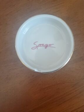 1980's Spago Small White Porcelain Ashtray with Pink Logo and Gold Rim